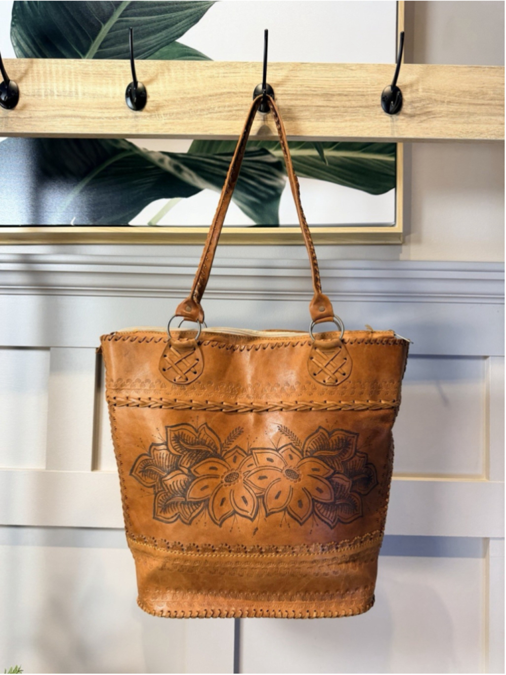 Vintage HANDMADE CUBAN LEATHER Bag Floral Boho Artisan Hippie Purse